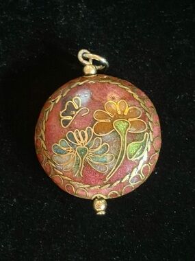 Vintage 1970s Chinese Cloisonné Enamel Pendant - Red Floral & Butterfly Design